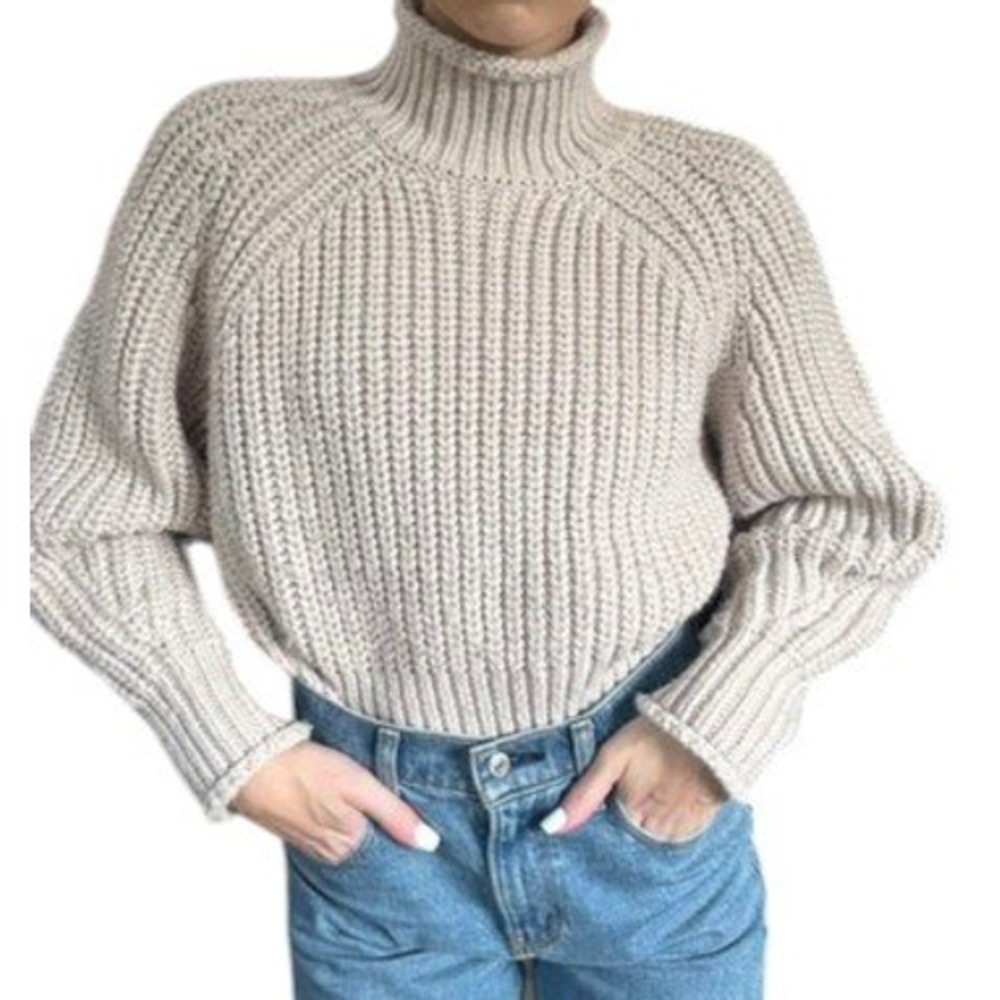 H&M Beige Rib Knit Turtleneck Sweater Wool Blend